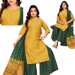 Women Viscose Rayon Kurta Palazzo Dupatta Set
