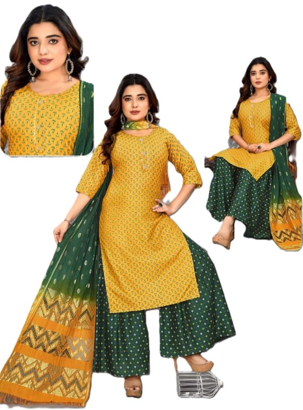 Women Viscose Rayon Kurta Palazzo Dupatta Set