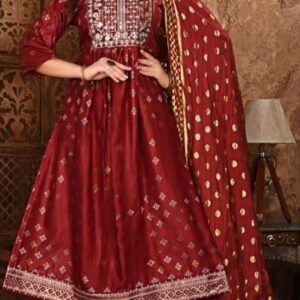 Women Rayon Fabric Embroidered & Printed Naira Cut Kurti Pant With Dupatta Set | Kurti Pants Sets | Nayra Suit For Women's