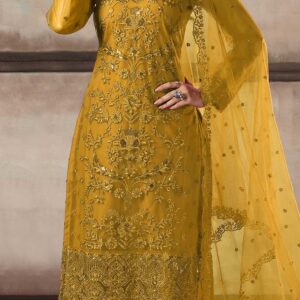 Mustard Floral Embroidered Net Suit