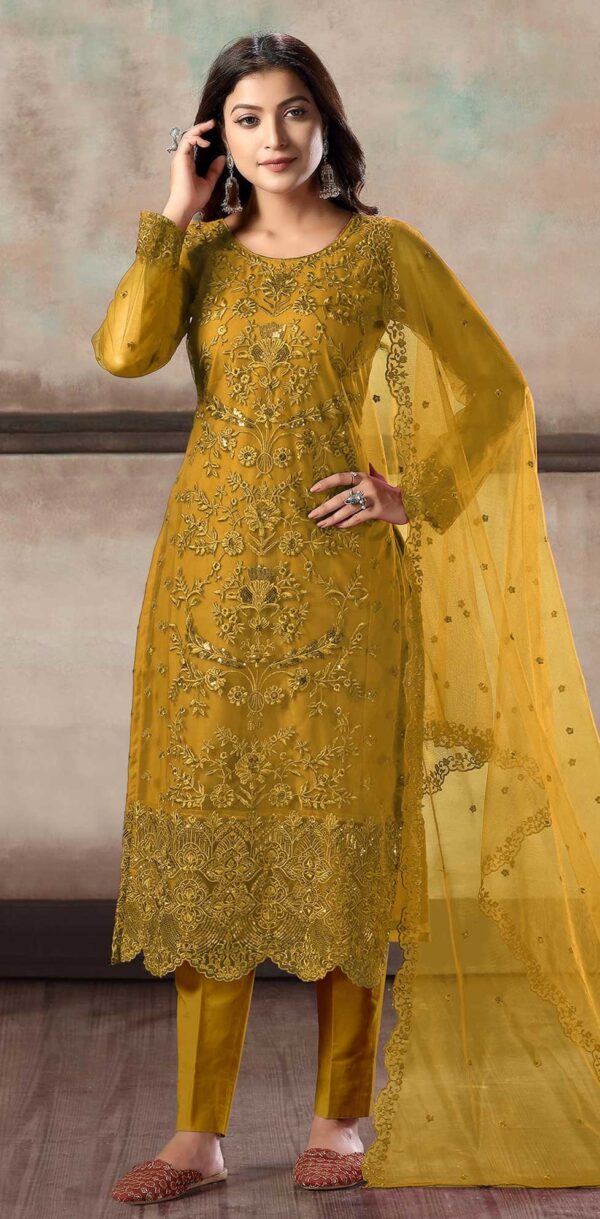 Mustard Floral Embroidered Net Suit