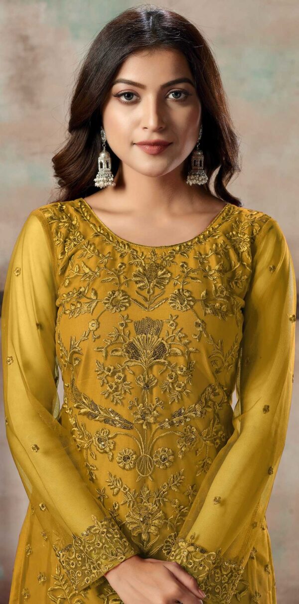 Mustard Floral Embroidered Net Suit - Image 2