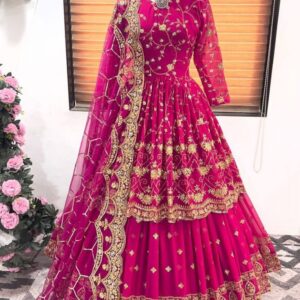 Bright Pink Sequence Work Tunic Top With Lehenga